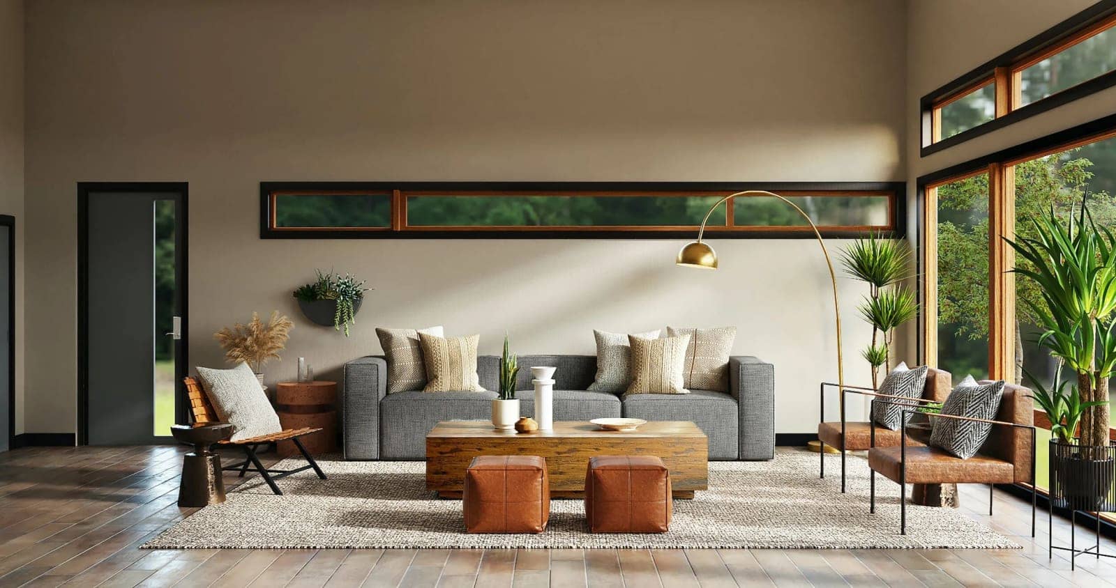 Living room with a large window and a low sofa